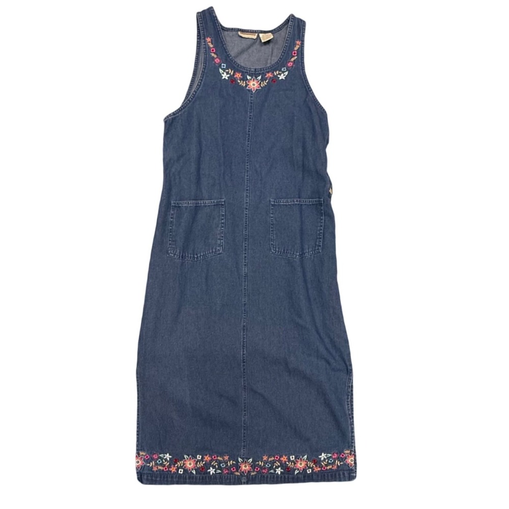 Vintage‎ Expressions Denim Dress Embroidered Sleeveless Long Midi Casual Medium